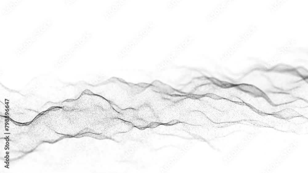 Poster abstract white wave with moving dots. flow of particles. cyber technology illustration. 3d rendering