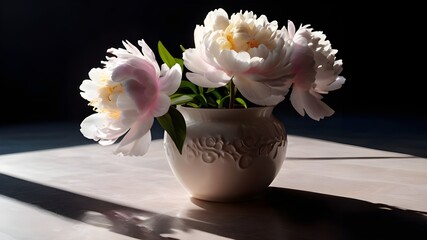 white peony on a vase with soft light , white peony bloom on a vase, perony flower