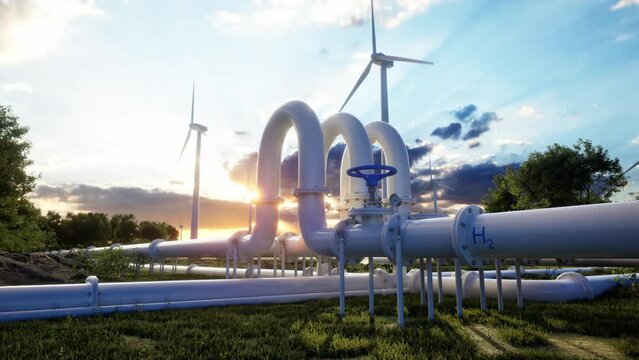 Hydrogen Pipeline And Wind Turbines. Photovoltaic Panels Enhance Clean Energy Generation. Sunset