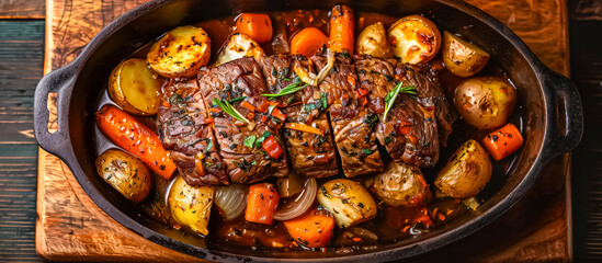 A hearty and comforting American meal, pot roast consists of a large cut of beef (usually chuck roast) slow-cooked with vegetables such as carrots, potatoes, and onions in a savory broth