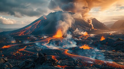 A wide angle photo of an active volcano, lava flowing down the side of mountain with smoke rising from its top and smoke coming out from between rocks in black sand on floor of valley. Generative AI. - Powered by Adobe