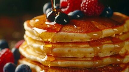 A close-up of a stack of fluffy pancakes topped with fresh berries and drizzled with maple syrup, a classic breakfast favorite.