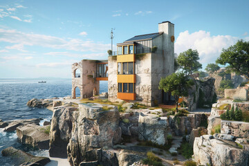 A Swedish coastal fortress home, modern with historical elements, standing on rugged cliffs against...