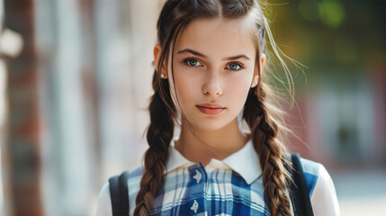 Close-up portrait of a young schoolgirl with expressive eyes, wearing a checkered dress and backpack, standing outdoors with a blurred background, capturing the essence of youth and education