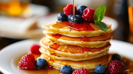 A close-up of a stack of fluffy pancakes topped with fresh berries and drizzled with maple syrup, a classic breakfast favorite.