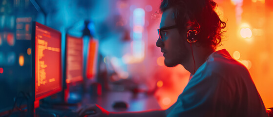 A young male programmer works on a new project in a dimly lit room with a red and blue neon glow.