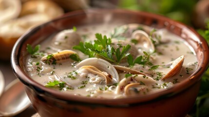 A close-up of a steaming bowl of clam chowder garnished with fresh herbs, inviting the viewer to savor the flavors.