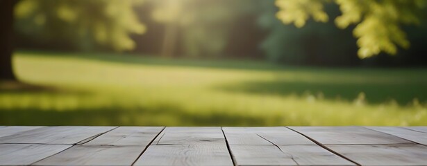 Empty wooden table over blurred green nature park background, product display, Empty wood table and defocused bokeh and blur background of garden trees with sunlight - Powered by Adobe