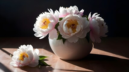 white peony on a vase with soft light , white peony bloom on a vase, perony flower