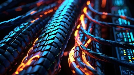 Glowing data cables transferring information background with light effect 