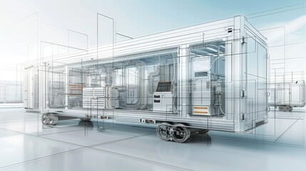 Obraz premium 3D blueprint image of a 40-foot modular data center container, showcasing internal layout and engineering details. detailed representation of the internal layout and design features. Generative AI.