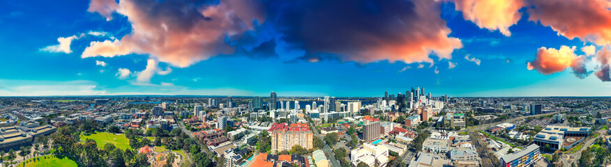 Perth skyline, Western Australia. Beautiful panoramic aerial view of city skyline