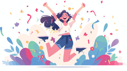 Happy smiling woman jumping from joy and success. Y