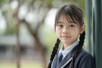 Close-up image capturing a young asian schoolgirl with pigtails, wearing a uniform and smiling gently while standing outdoors with soft-focus trees in the background