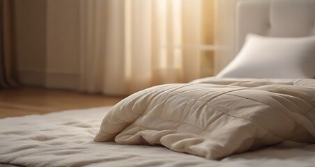 Bed Mattress and Pillows Mess up Bedroom in morning sunlight, White bedding sheets and pillow background, Messy bed after good sleep concept, with beautiful sunshine window backgrounds.