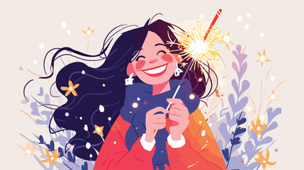 Obraz na płótnie Canvas Happy woman celebrate holiday with burning sparkler