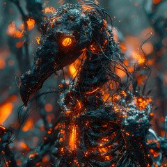 A charred phoenix skeleton intertwined with wires glowing runes spelling out a forgotten prophecy