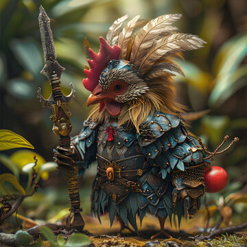 A brave chicken warrior, ready to fight for his flock.