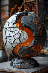 A fractured sphere with contrasting colors filling the cracks reforming into a perfect yin and yang symbol symbolizing the cyclical nature of balance