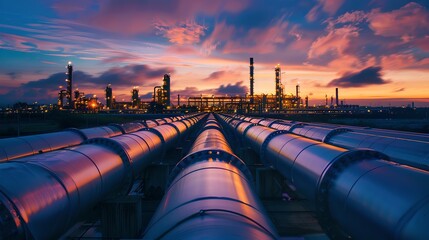 Industrial landscape at sunset with pipelines and refinery towers. Modern energy sector. Oil and gas production. Colorful sky. AI