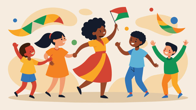 Children dance and twirl in circles their faces painted with the colors of the Juneteenth flag while adults clap and sing in harmony creating a sense. Vector illustration