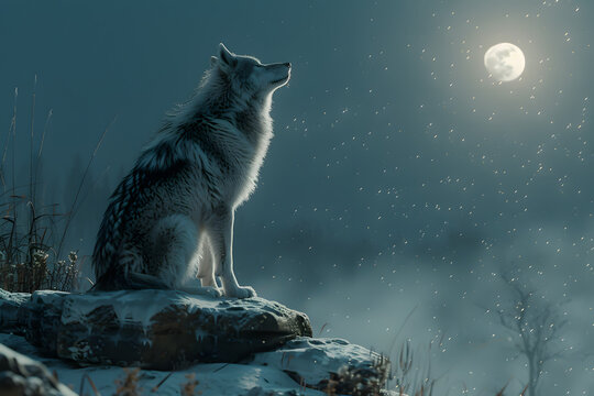 A majestic gray wolf howls at the moon.