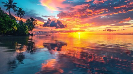 A colorful sunset over a tropical island, casting warm hues across the sky and reflecting on the calm ocean waters.
