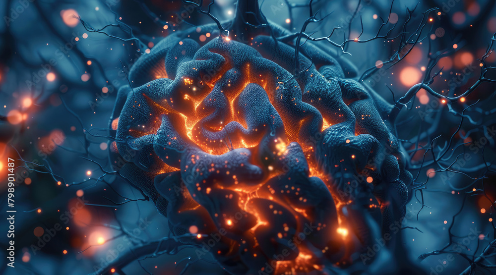 Aufkleber 3D scene of the luminous pineal gland inside the brain. Image of dark and bright environment. mystical style. Generative AI.