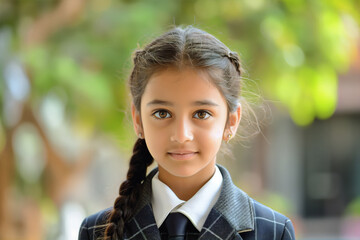 Portrait of a young girl wearing a school uniform, smiling gently with a natural, green background. Perfect image capturing the innocence and hope of childhood education