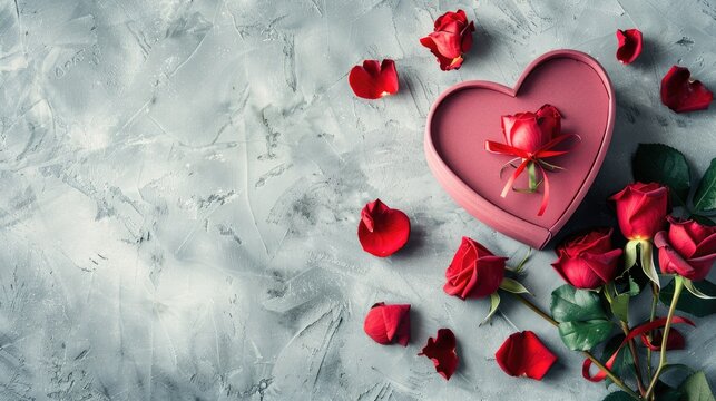 A charming Valentine s Day concept features red roses and a heart shaped gift box set against a vintage white grey backdrop creating a festive vibe The top down view leaves ample room for p