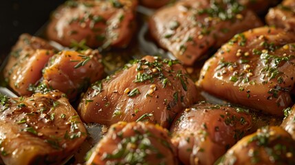 A close-up of frozen chicken thighs marinating in a flavorful sauce, ready to be grilled or roasted...