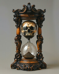 An hourglass with a skull at its base sand rapidly draining emphasizing the fleeting nature of time and the need to live life to the fullest