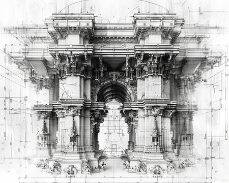 Blueprints for an aweinspiring yet morally questionable structure Demonic imagery subtly woven into architectural details with the clients face obscured