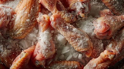 A close-up of frozen chicken wings coated in seasoning, ready to be cooked and served, appealing to consumers looking for convenient and flavorful meal options.