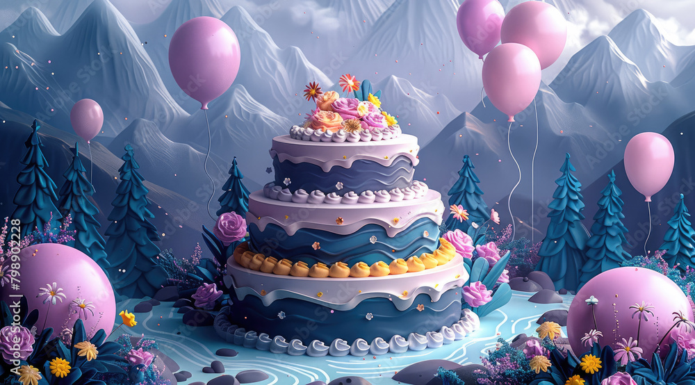 Poster vector illustration of a big multitiered cake with navy and yellow icing, decorated with flowers in 
