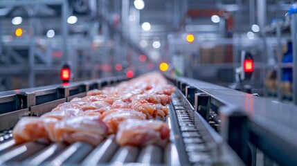 A conveyor belt transporting frozen chicken products through a cold storage warehouse, emphasizing the efficiency and quality control measures in the storage facility.