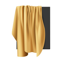 Gold silk fabric with pleats hanging from black box to hide 3D realistic presentation vector illustration