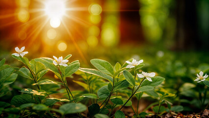 太陽の光に照らされた野生に咲く白い花と植物