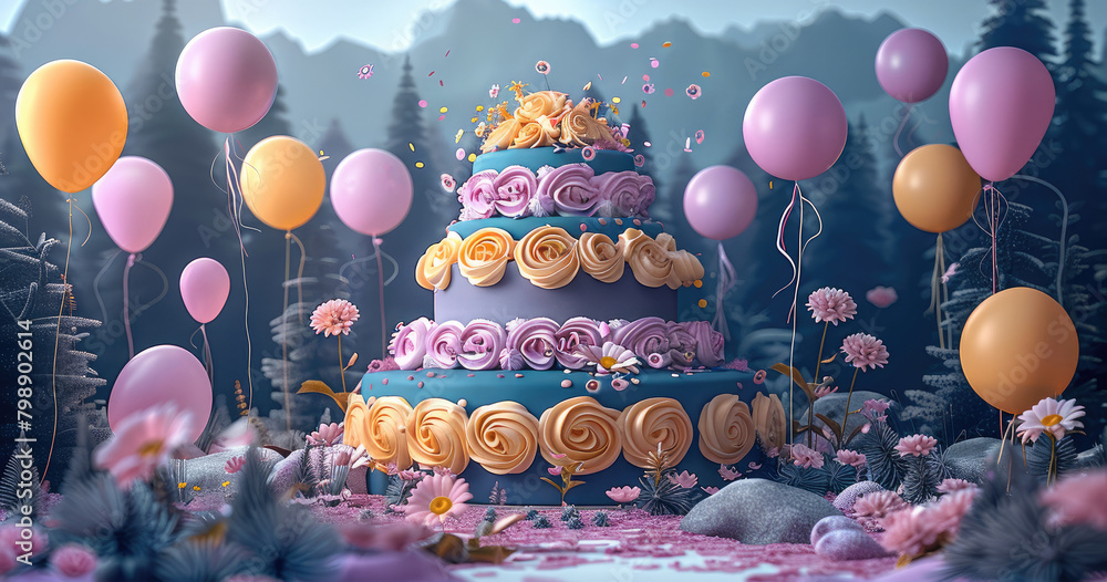 Poster vector illustration of a big multitiered cake with navy and yellow icing, decorated with flowers in 