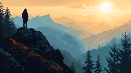Artwork of a Hiker Standing Atop a Mountain Watching a Sunset With an Abundance of Negative Space