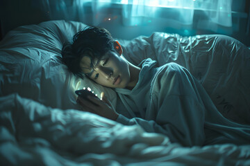 A male teenager's face under blue lights from a mobile phone. A boy focuses on a smartphone in his hands while lying in bed 