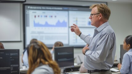 A corporate trainer conducting a workshop for international managers, using real-time feedback technology.