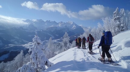 Group Snowshoeing on Winter Mountain Trail