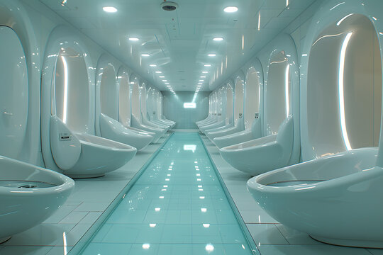 The image shows a long futuristic hallway with white futuristic chairs on both sides and a blue glowing line in the middle.