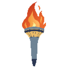 Pixel icon. Flaming torchs. Pixel torch withe flame. Burning fire or flame. Sport fire sign. Athletic, champion, sports game or freedom torches with flames icon.