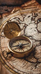 Fototapeta na wymiar Retro magnetic compass placed on a world map, evoking themes of travel, geography, history, navigation, tourism, and exploration.