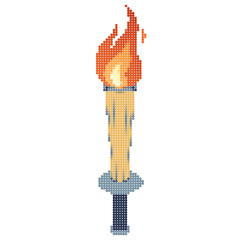 Pixel icon. Flaming torchs. Pixel torch withe flame. Burning fire or flame. Sport fire sign. Athletic, champion, sports game or freedom torches with flames icon.