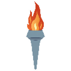 Pixel icon. Flaming torchs. Pixel torch withe flame. Burning fire or flame. Sport fire sign. Athletic, champion, sports game or freedom torches with flames icon.