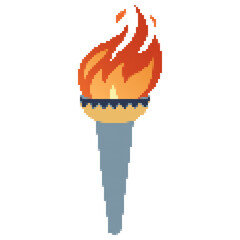 Pixel icon. Flaming torchs. Pixel torch withe flame. Burning fire or flame. Sport fire sign. Athletic, champion, sports game or freedom torches with flames icon.