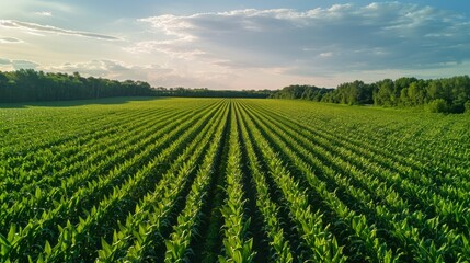 Aerial view of a corn plantation, showing the expansive rows for animal feed production.